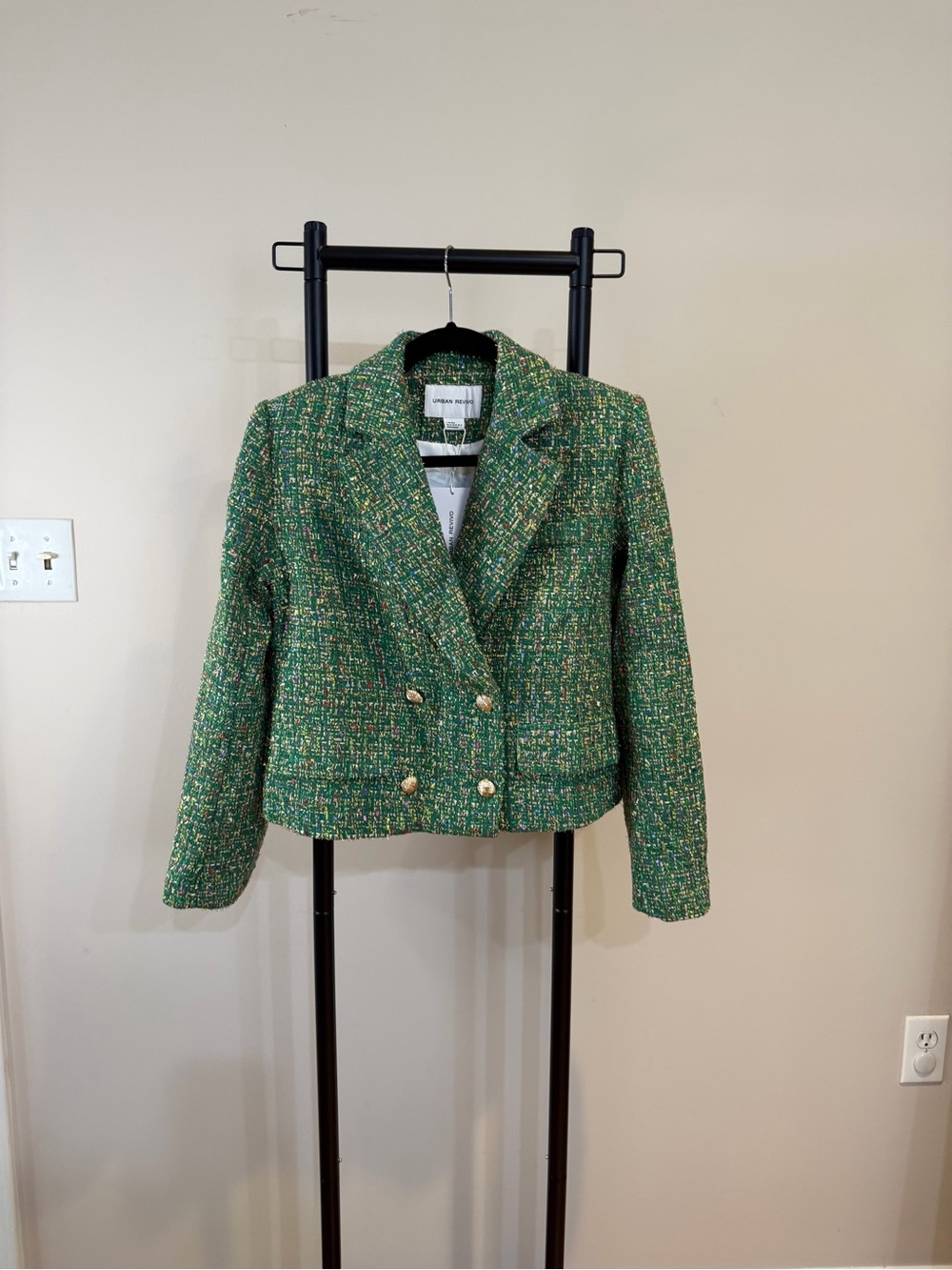 Urban Revivo Green Tweed Double-Breasted Cropped Blazer